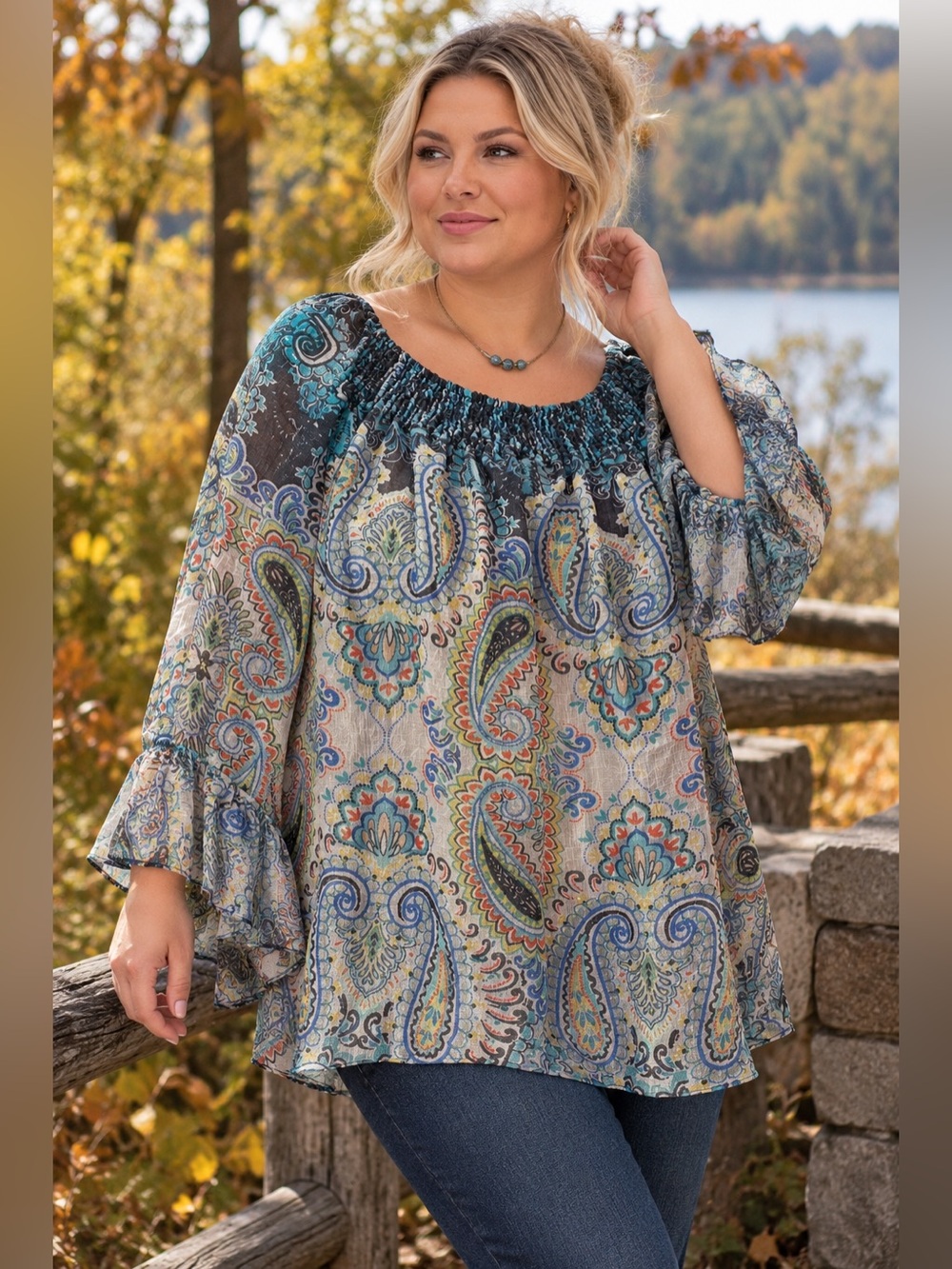 Zac & Rachel 2X Paisley Boho Smocked Neck Ruffle Sleeve Blouse Top
